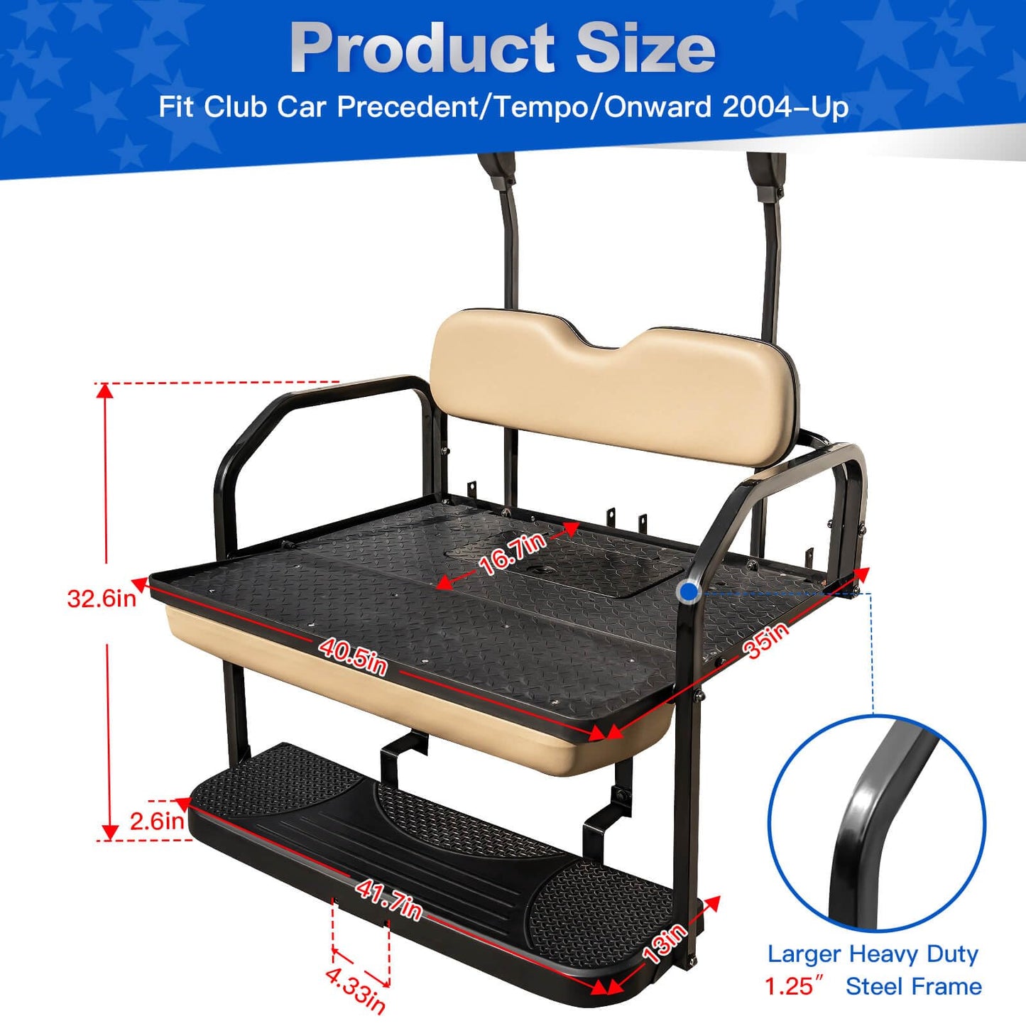 NOKINS Golf Cart Rear Seat Kit, Back Flip Seat for Club Car Precedent/Tempo/Onward 2004-Up, 1.25-Inch Square Steel Frame, Integrated Seat Belt Mounts, UV-Resistant, High-Density Foam Padding(Buff)