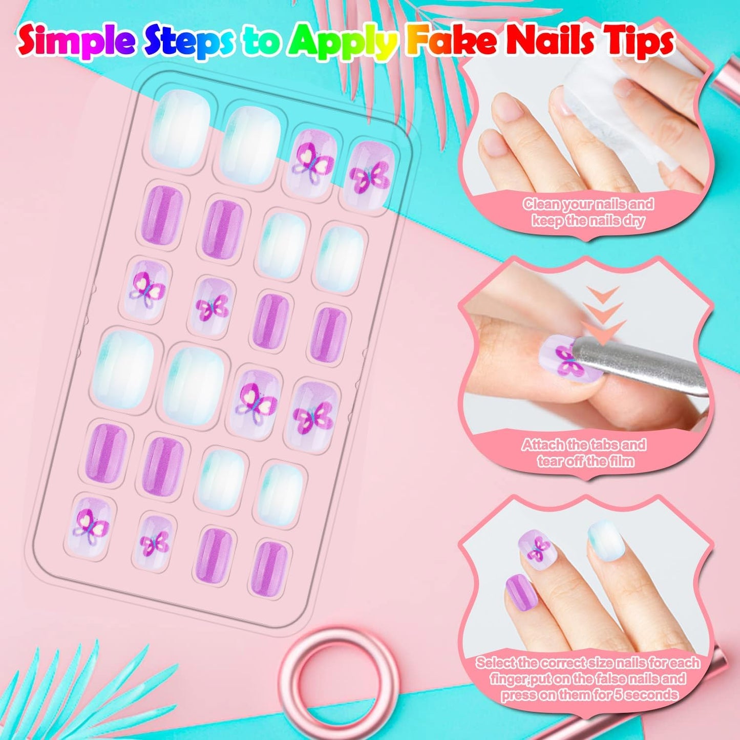 240 Pieces Fake Nails for Kids Girls Artificial Kids Press on Nails Full Cover Short Acrylic Stick On Nails False Nail Tips Kit for Children Little Girls Nail Art Decoration (Gradient Pattern) (Chic)