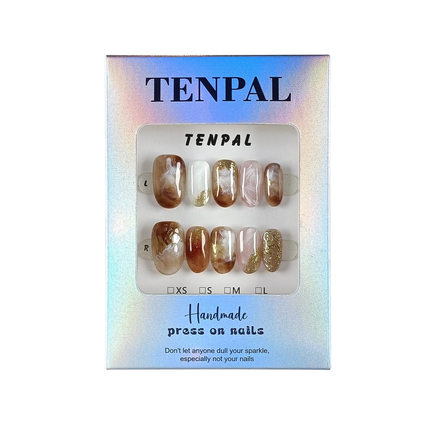 TENPAL Cat Eye Press On Nails 10 Pcs with Tools Kit,Handmade Amber Coffee Ombré Glue on Nails,Short Oval False Nails with Ridge Embossed Glossy Glow Reusable Fake Nails for Autumn Winter Wedding(XS)