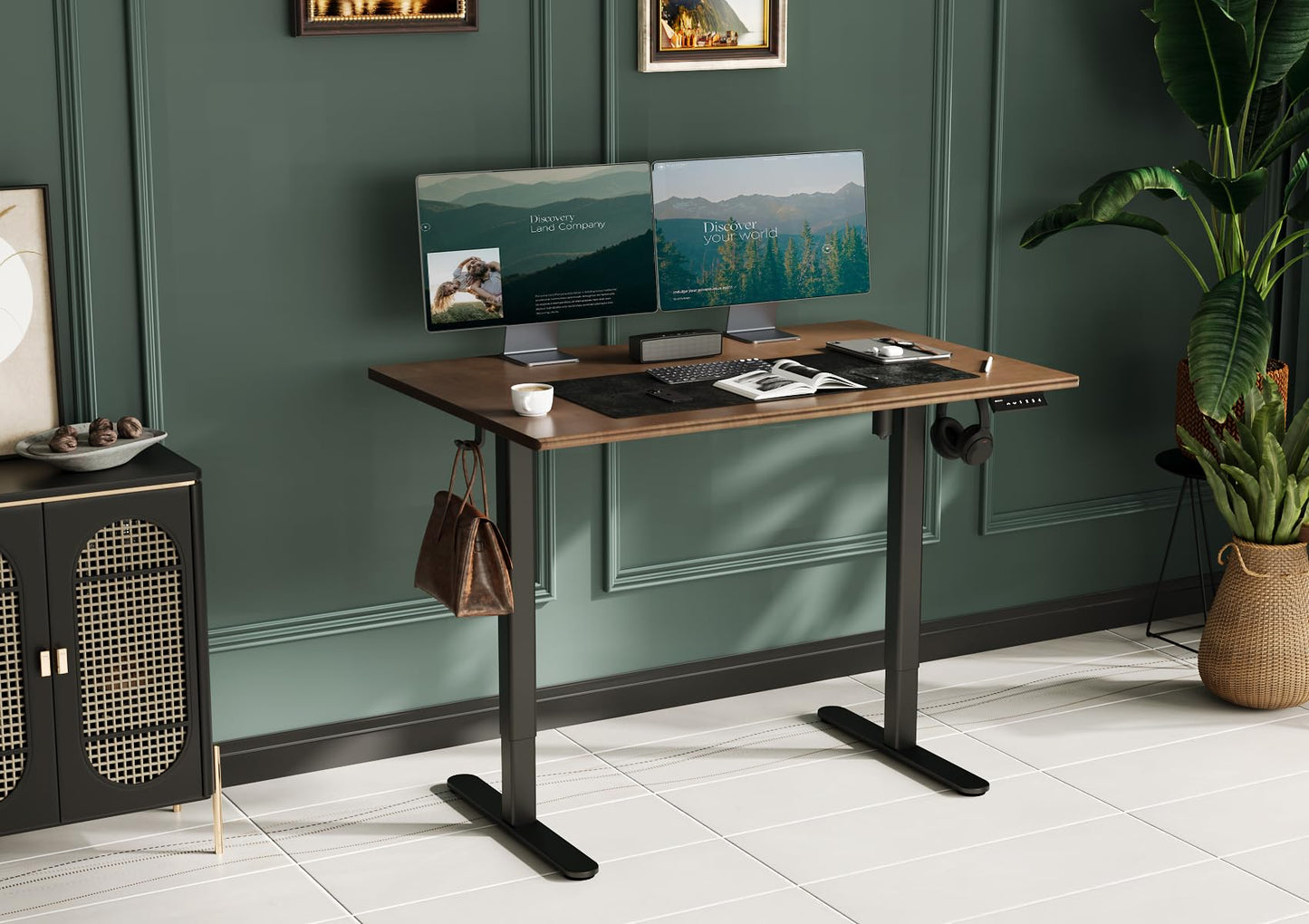 INNOVAR Solid Wood Electric Standing Desk, 48x24 Inches Adjustable Height Stand up Desk with Whole Piece Desktop, Sit Stand Home Office Desk Black Frame/Espresso Top