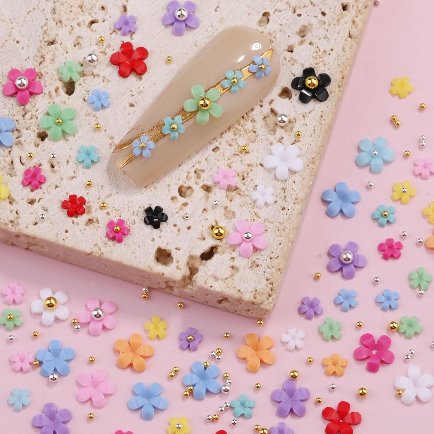 3D Colorful Flower Nail Art Charms, White Pink Acrylic Cherry Blossom Spring Petal Metal Gold Silver Round Caviar Beads Studs Pearl Rhinestones for Manicure Craft DIY (7-K3-solid)