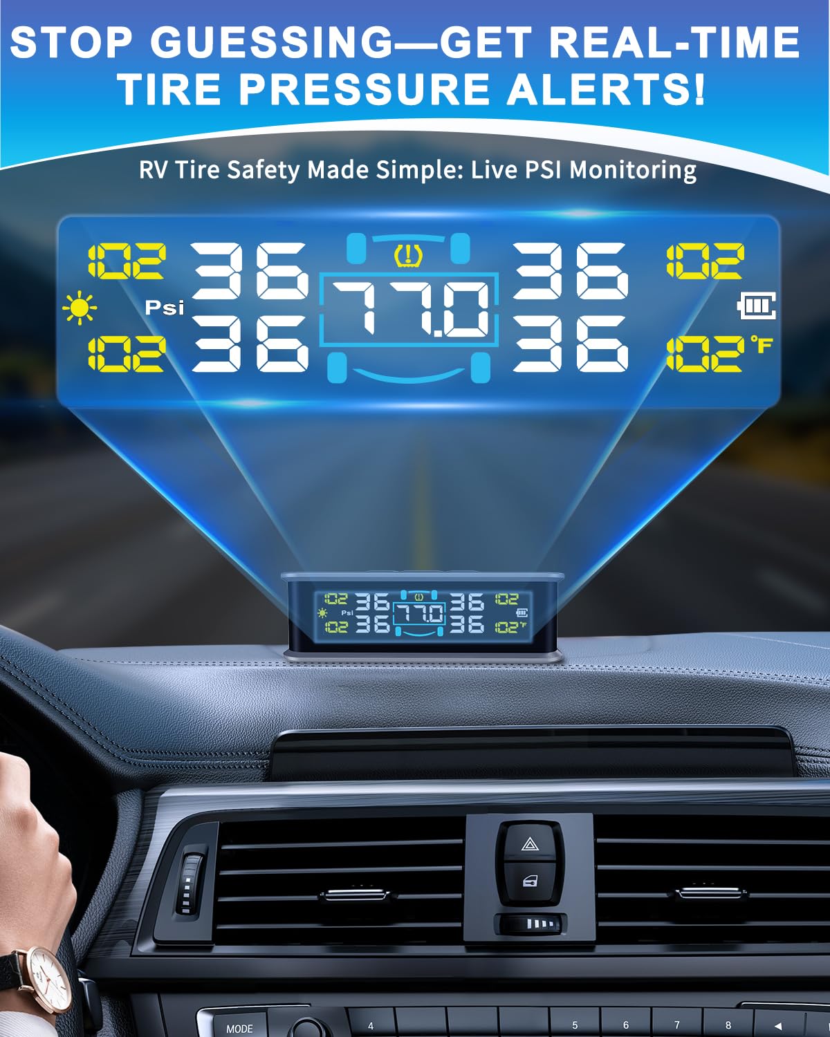 RV Tire Pressure Monitoring System (TPMS) - TPMS sensors Set of 4 & 6 Alarm Modes | Solar/USB Charger | LCD Display | for RV/Truck/SUV/MPV/Sedan.