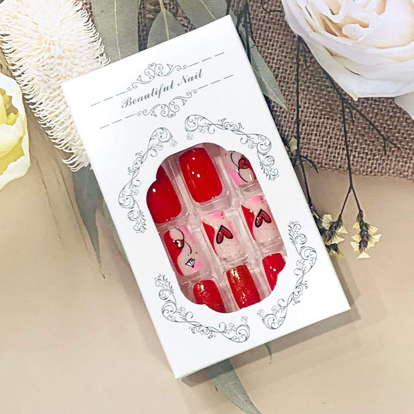 FIEONCIY Medium Square Glossy Full Cover Acrylic False Nails with Heart Designs Artificial Square Fake Nails Glue ons Fingernails for Women Girls (A80103)