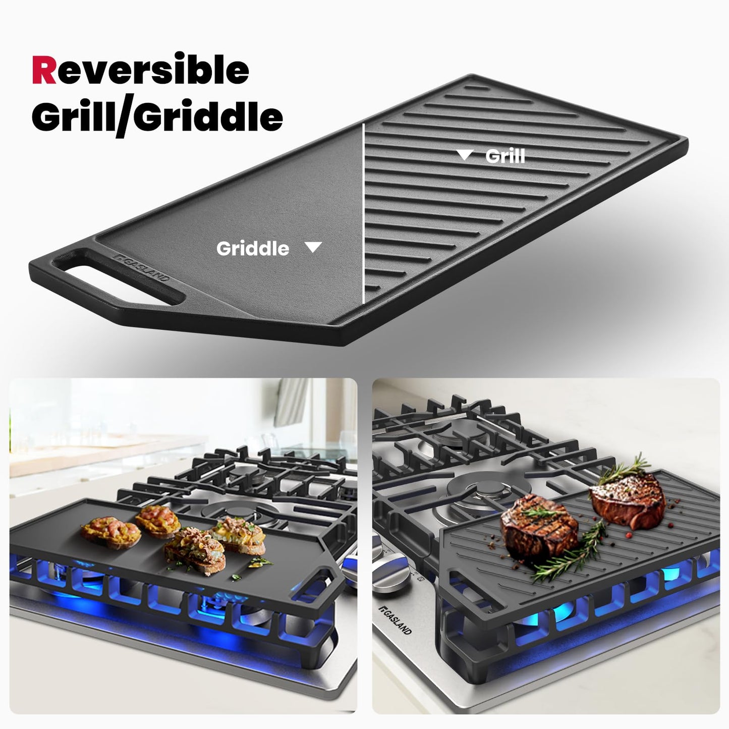 GASLAND 30 Inch Gas Cooktop, PRO GH3305SF 5 Burner Propane Stovetop with Reversible Cast Iron Grill/Griddle, Gas Countertop Plug-in, NG/LPG Convertible Cooktops, Stainless Steel