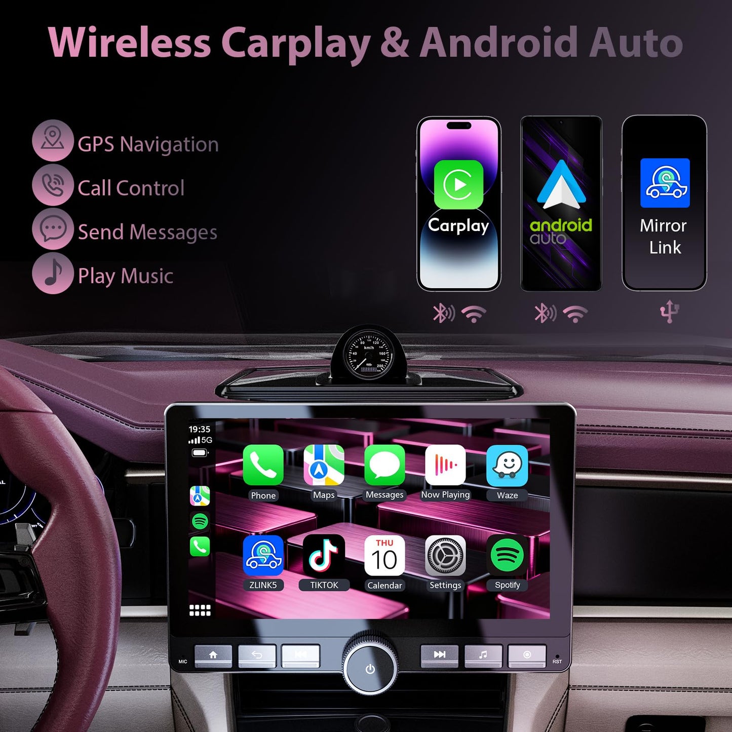 Haudio 10.1" 360° Rotatable Touchscreen Car Stereo with Wireless Apple CarPlay & Android Auto, Features GPS Navigation, DSP Hi-Fi Sound, Voice Control, Backup Camera,1080P Support & APK Management