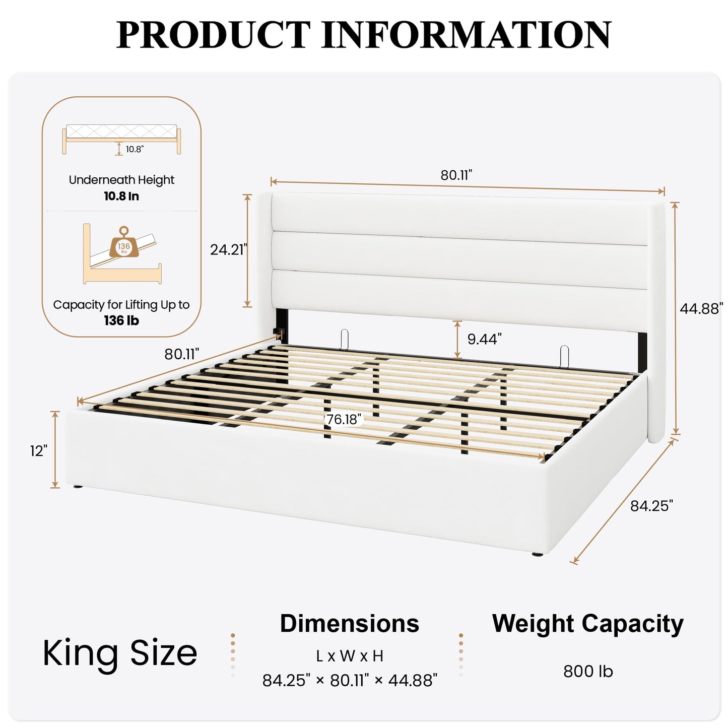 SHA CERLIN King Size Lift Up Storage Bed/Velvet Upholstered/Modern Wingback Headboard/Upholstered Platform Bed Frame/Hydraulic Storage/No Box Spring Needed/White