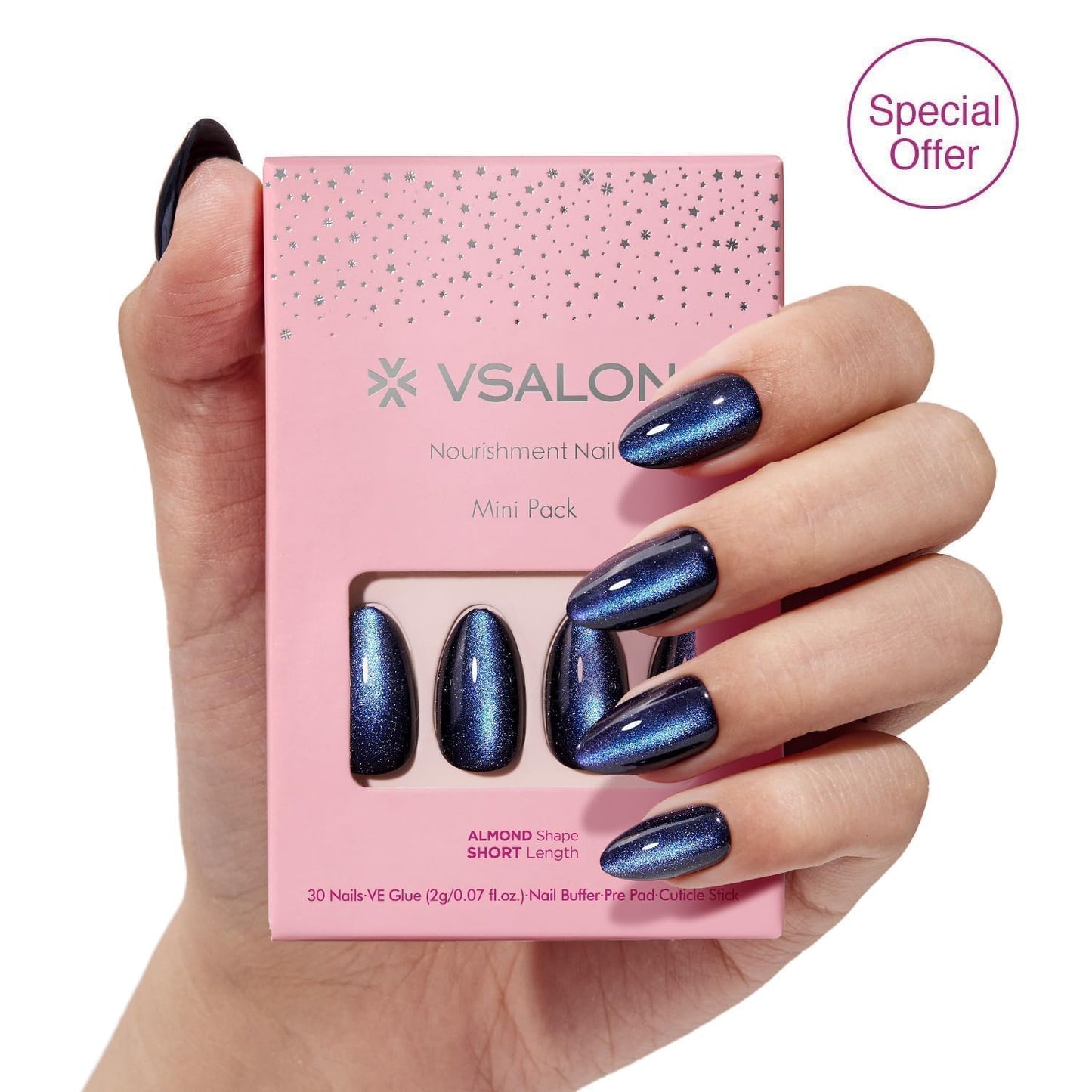 VSALON Square Short Press on Nails, Silver Gray 3D Urban Punk Style Cat Eye Nail Kit & Blue Cat Eye Mini Pack
