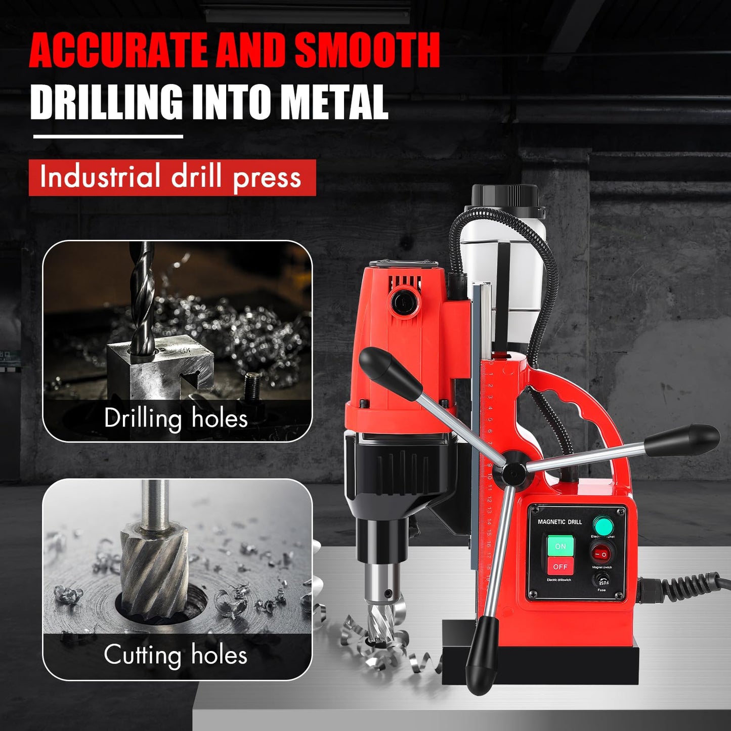COZONY Mag Drill Press, 1100W 550RPM Portable Magnetic Drill Press, Magnetic Core Electric Drilling Machine for Metal Working,14Pcs Annular Cutters Drilling Bits,Red