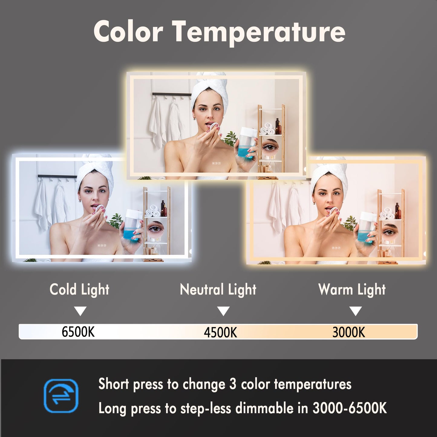 PeakPursuit 60x36 LED Bathroom Vanity Mirror with 3X Mirror, Anti-Fog, 3X Mirror, Backlit + Front Lit, Memory Function, Shatterproof Tempered Glass, Smart Wall-Mount Makeup Mirror