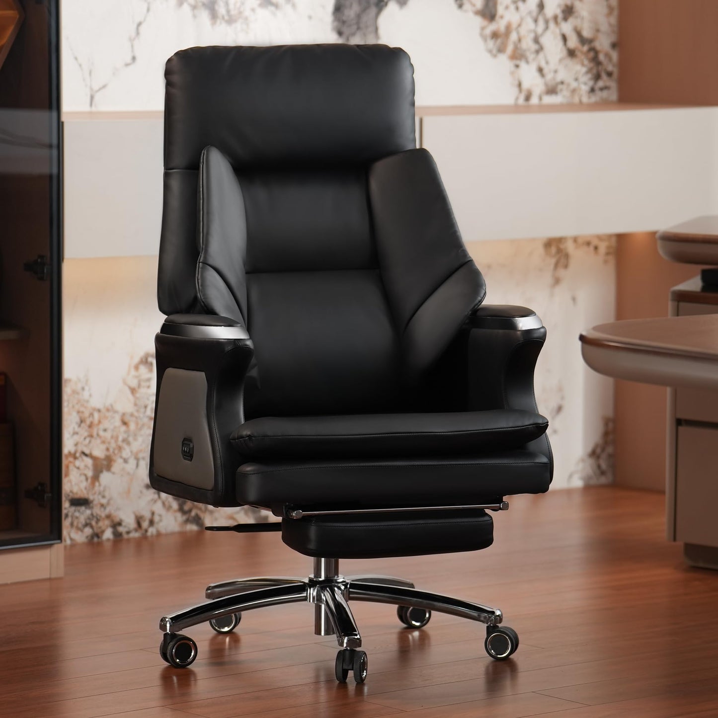 Kinnls Winston Ergonomic Leather Heated Ventilation Classic Luxury Office Chair with Massage, Recliner Executive Desk Chair, Adjustable Tilk Angle (Black)