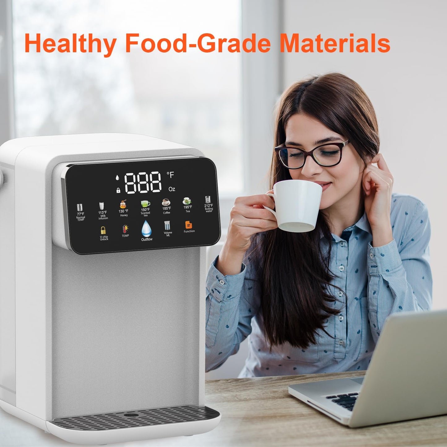 Instant Hot Water Dispenser Countertop for Rapid Heating & Quiet Design Adjustable 7 TEMP & 7 Water Volume Dispense 0.8Gal/3L Removable Water Tank with Carrying Handle BPA Free Fit Kitchen Counter