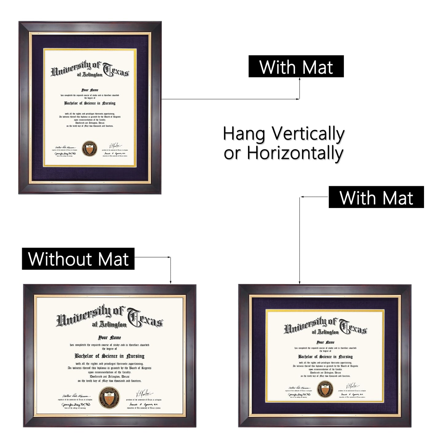 GMFrames 8.5x11 Wood Diploma Frame with Purple Mat or Display 11x14 Certificates without Mat,Tempered Glass,Deep Brown Finish with Gold Trim
