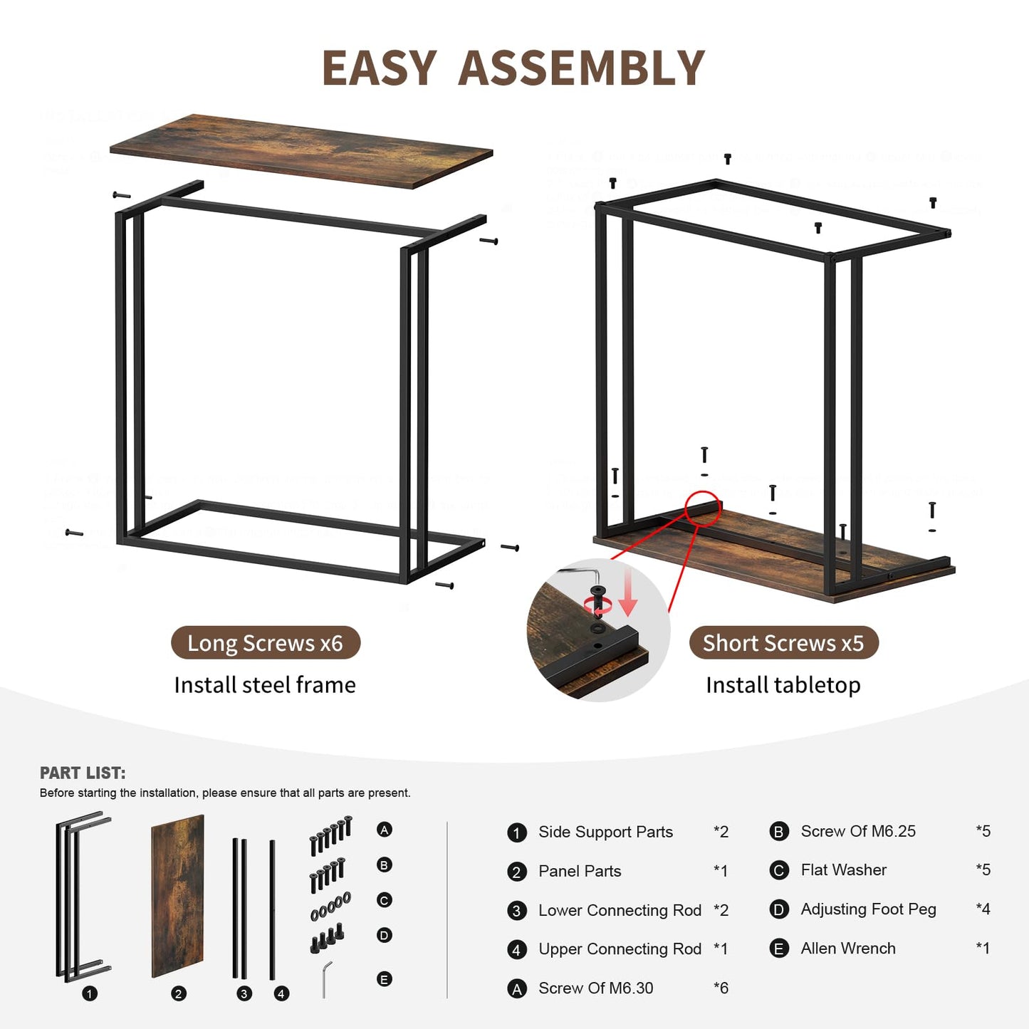 CAMOAT C-Shaped Side Table, Modern End Table with Metal Frame, Space Saving Design for Living Room,Large Surface Couch Table for Bedroom, and Home Office,24 x 12 x 24 inches (Brown)