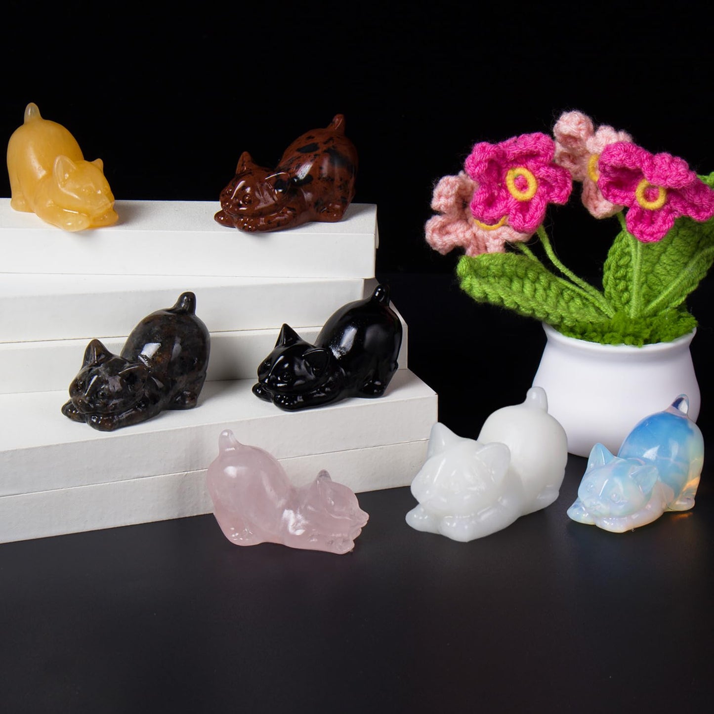 2 Inch Yellow Calcite Cat Crystal Figurines, Cute Kitten Statues for Kitten Lovers and Collectibles, Cat Decor Fingurines for Home Desk Office, Carved Healing Crystal Reiki Animal Gifts for Women