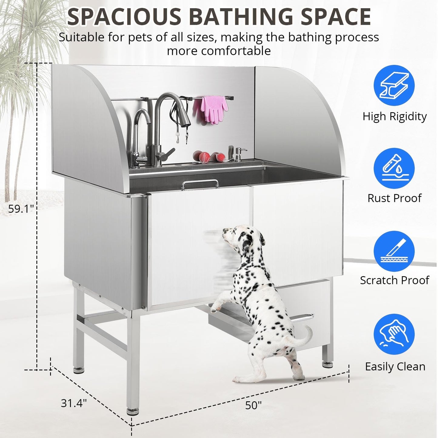 Towallmark Professional Stainless Steel Dog Bathing Tub - Dog Grooming Tub w/Ramp, Moveable Storage Drawer, Floor Grate & Faucet/Dog Bathtub for Large, Medium & Small Pets (50", Right Ramp)