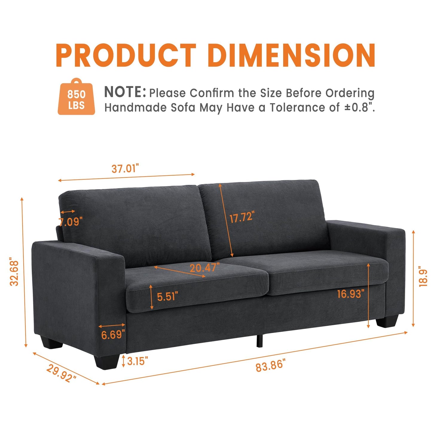 BouPower 84" Corduroy Loveseat Sofa for Living Room, Modern Upholstered Sofa with Wide Armrests, Modern Plush Deep Seat Sofa Couch, Oversized Comfy 3-Seater Sofa for Living Room, Apartment, Grey