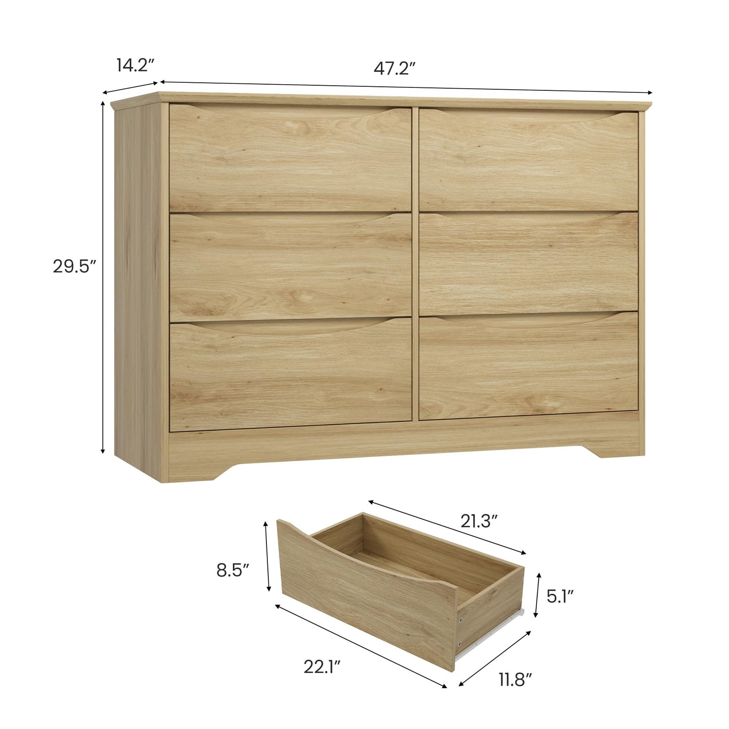 Garvee Wooden Dresser with 6 Drawers, Tall Modern Closet with Deep Storage, Large Chest of Drawers with Wide Top, Long Storage Dresser for Bedroom, Living Room, Hallway, Kids Room, Natural