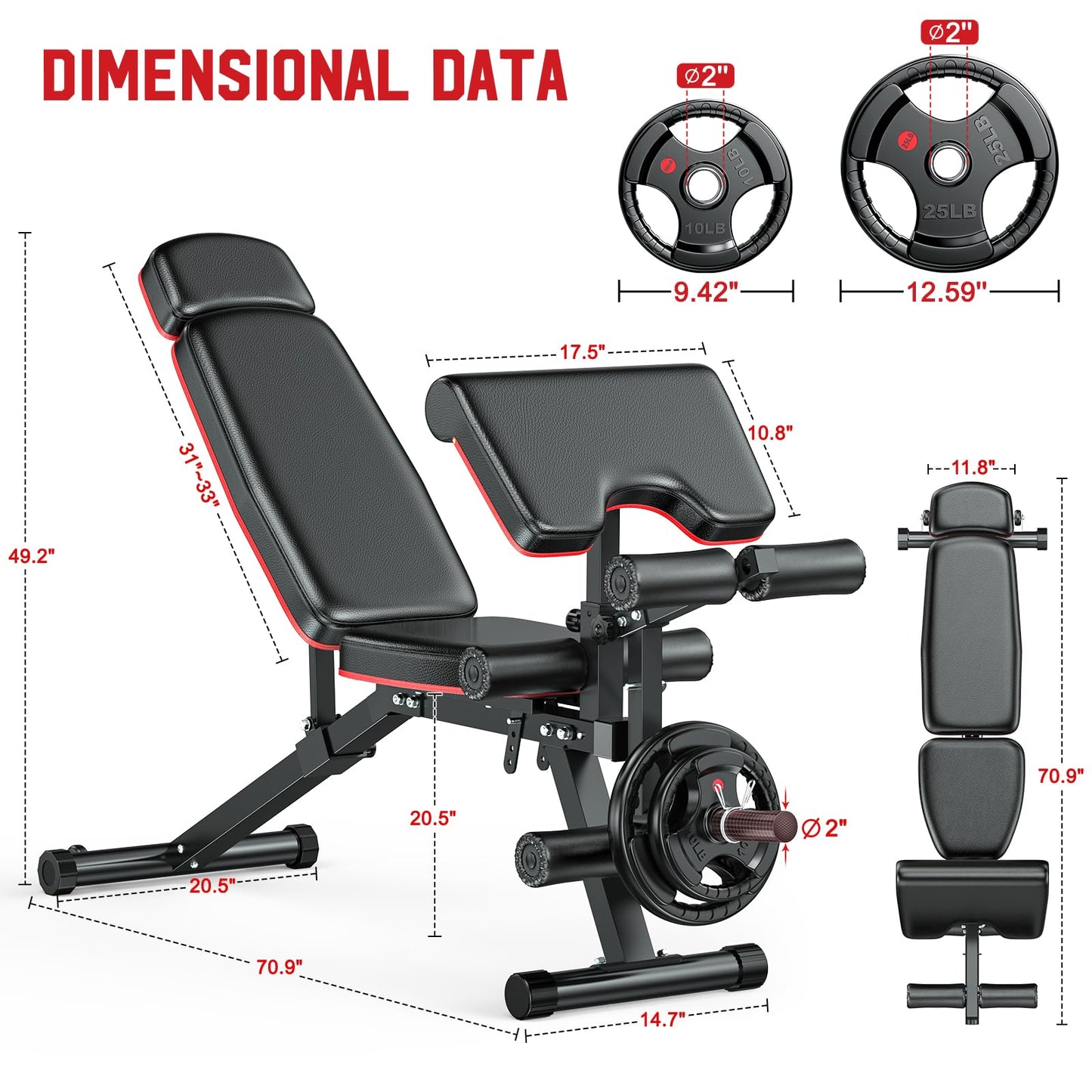 XDDIAS Workout Bench, Adjustable Weight Bench with Leg Extension and Leg Curl, Extended Headrest, 900LBS Preacher Curl Bench, Included 2 * 10LBS+2 * 25LBS Weight Plates