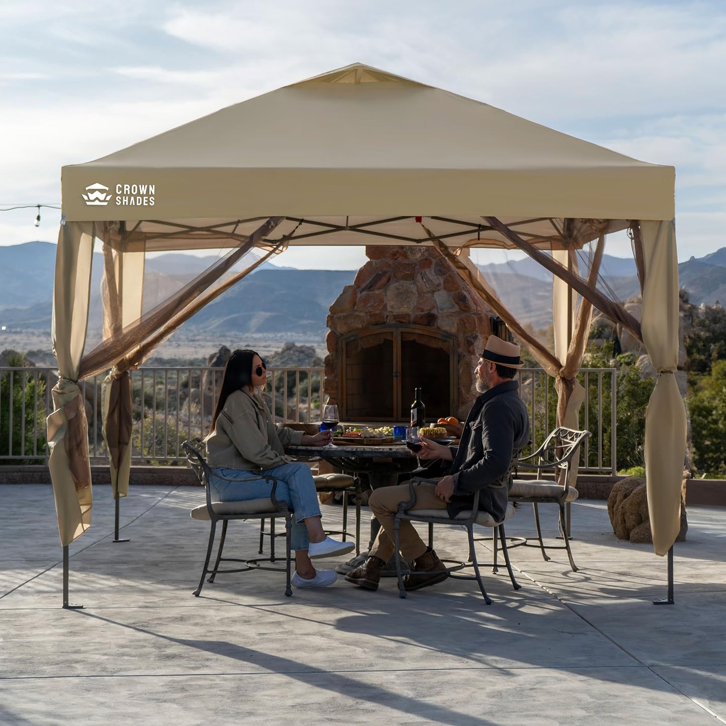 CROWN SHADES 10x10 Pop Up Gazebo, Canopy with Mosquito Netting,Instant Screen Tent with 4 Ropes, 8 Stakes, 4 Sandbags and Wheeled Storage Bag,for Patio & Backyard Parties,Camping&Events- Beige