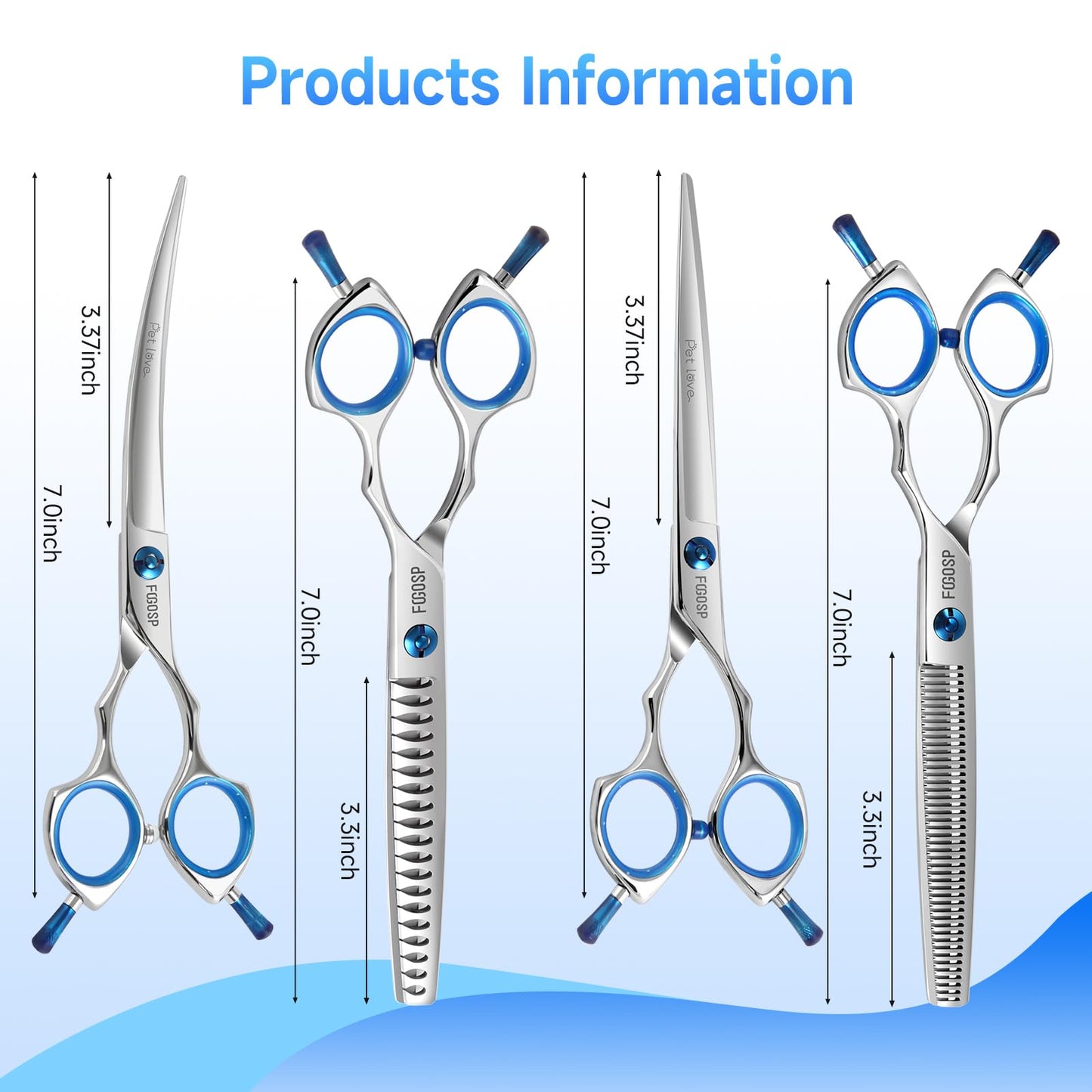 FOGOSP Dog Grooming Scissors Kit 7 in Professional Curved Thinning Straight Chunkers Shears 4Pcs Kit for Grooming Dogs Cat Pet Japanese 440C Stainless Steel(7.0'',Kit)