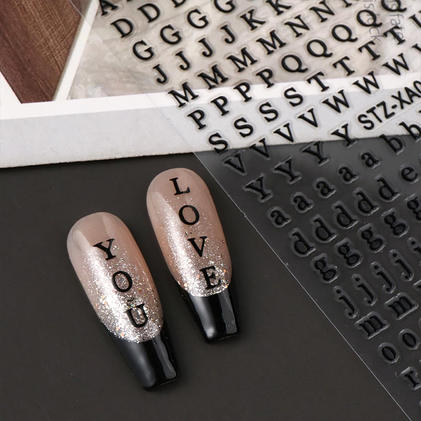 8 Sheets Letter Nail Stickers 3D Self-Adhesive English Alphabet Nail Decals Black White Gold Red Nail Stickers for Women Manicure Decorations