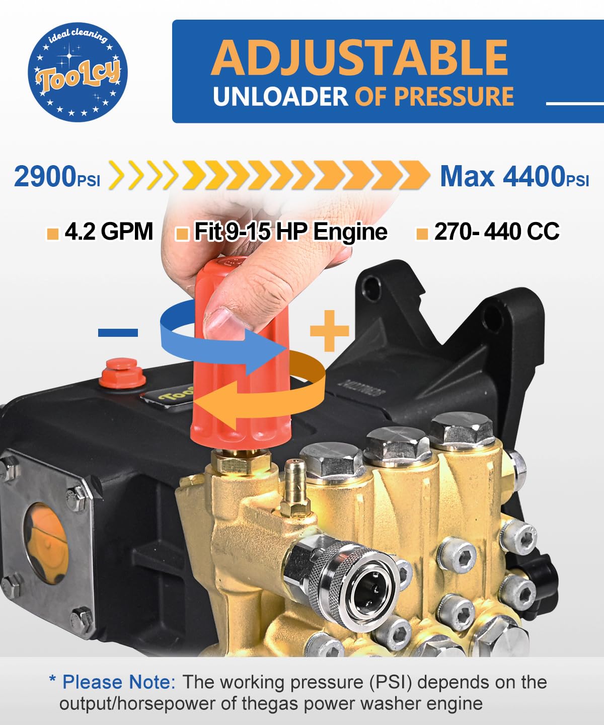 TOOLCY Pressure Washer Pump Max 4400 PSI 4.2 GPM, 1" Shaft Horizontal Gas Power Washer Pump Replacement, Direct Drive Triplex Plunger Replacement Pump with Pressure Adjustment Unloader, 5 Nozzle Tips