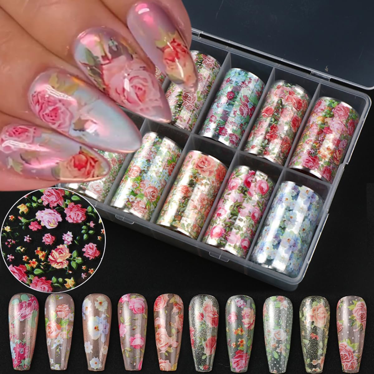Flower Nail Art Foil Transfer Stickers Spring Flowers Nails Foils Transfer Decals Flower Nail Decals Nail Art Supplies Starry Sky Paper Nail Adhesive Transfer Slider for Women Manicure Nail Decoration
