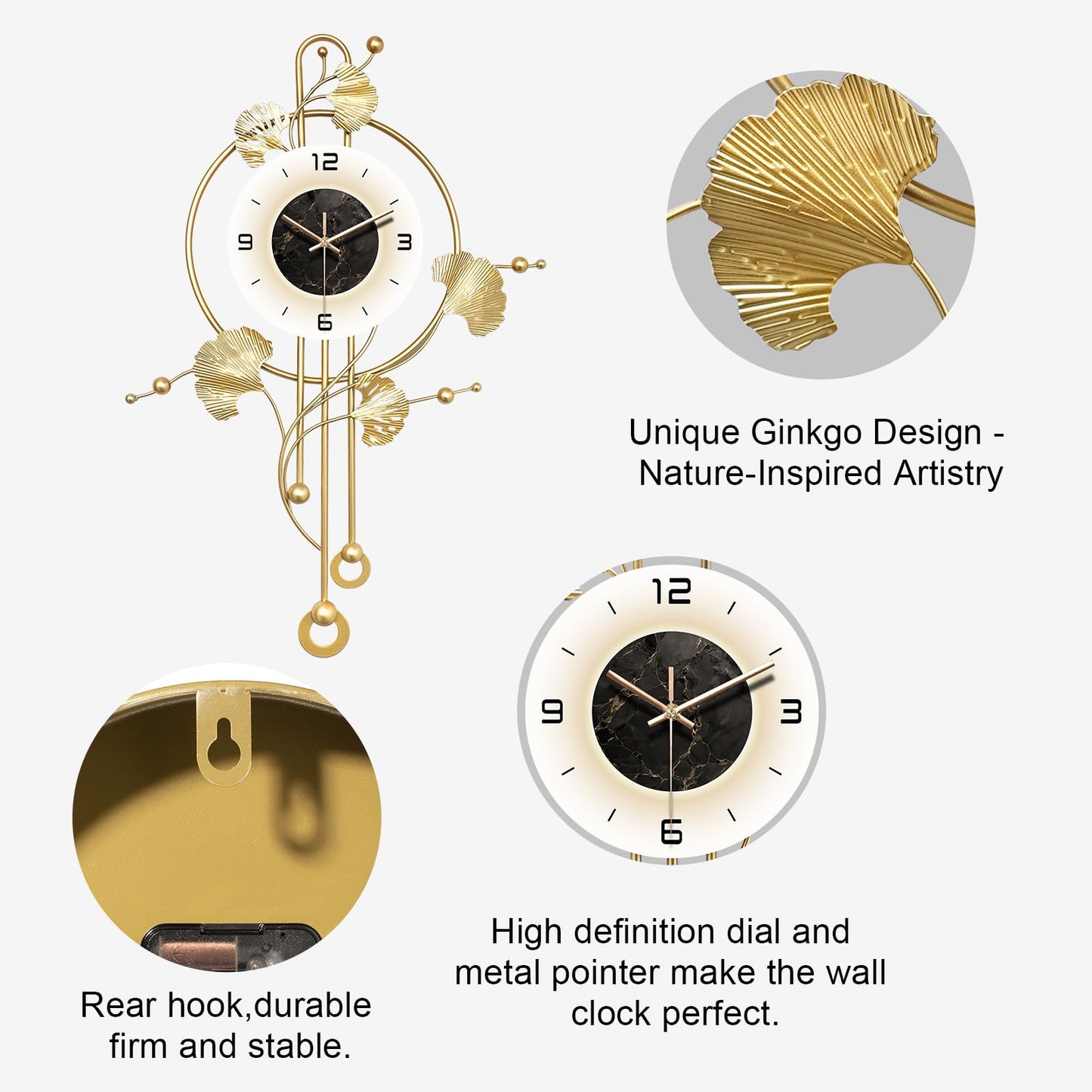 FIXNEO Wall Clock, Large Gold Wall Clock for Living Room Decor,Unique Office Clocks Battery Operated,Oversized Modern Wall Art for Bedroom,Farmhouse,Office Wall Decor 17.7 X 28.3 Inches