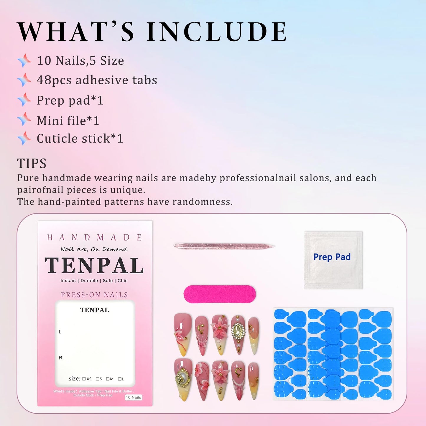 TENPAL Handmade Press on Nails Long Stiletto,Coral Orange Blushing French Tips Fake Nails with 3D Floral Waterdrops,Royal Baroque False Nails with Tools,Luxury Handmade Nails for Special Events(S)