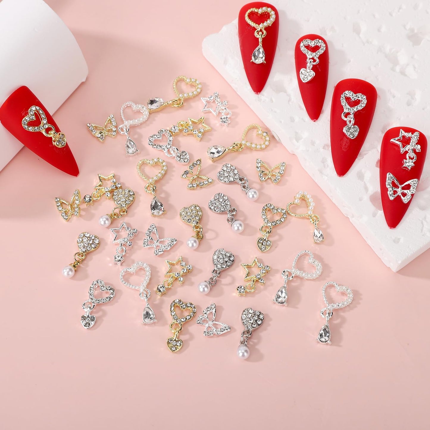 BJRSPGLS 40Pcs Heart Dangle Nail Charms Nail Rhinestones and Gems,Silver Gold Nail Jewels Charms Diamonds Stones for Nail Art,Valentines Love Star Dangling Nail Jewelry for Nails Design Variety