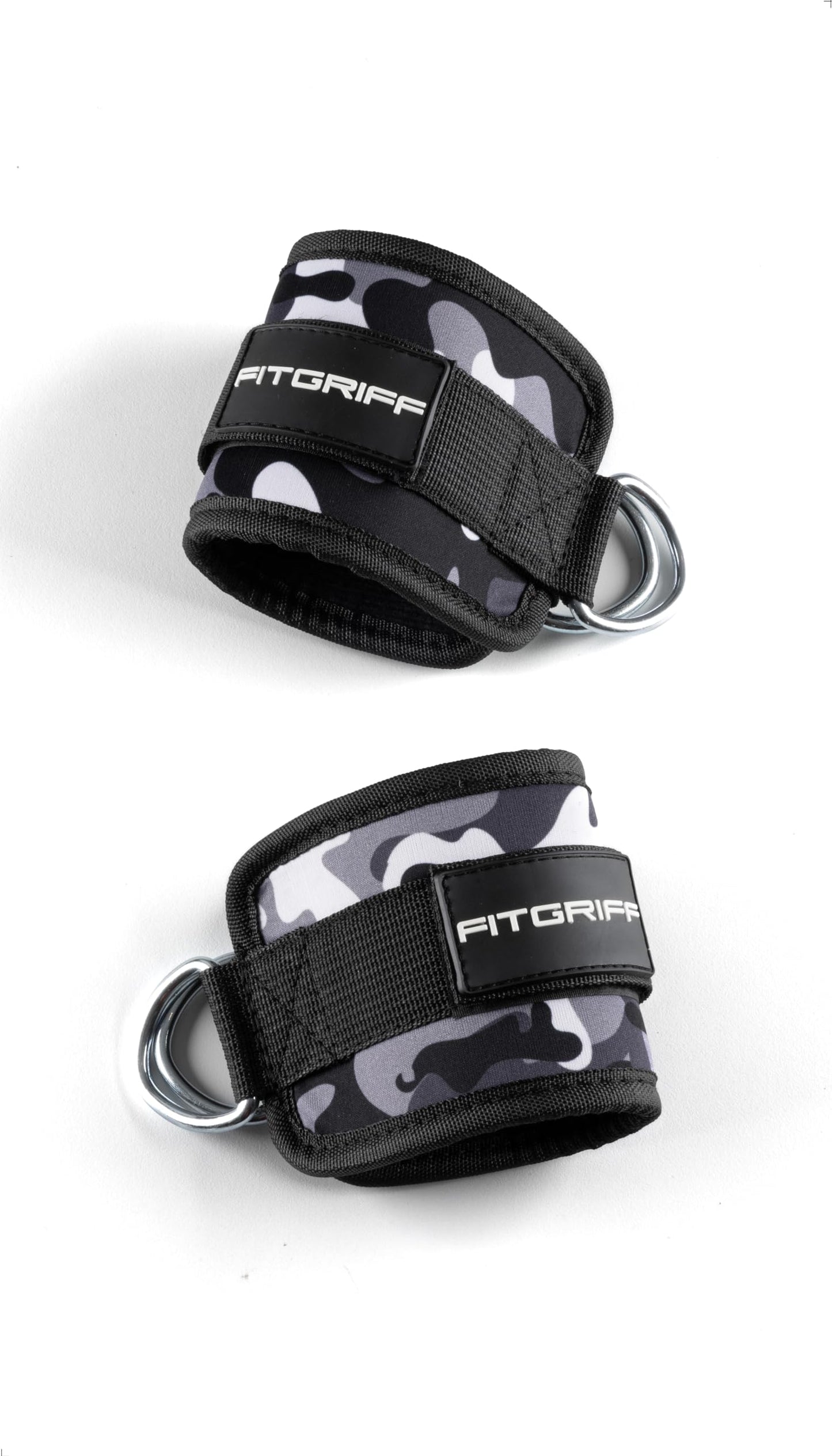 Fitgriff® Ankle Straps V1 for Cable Machine (2 Pieces) - Gym Workout Equipment - Leg Pulley Attachment, Kickback Straps (Camo-Grey)