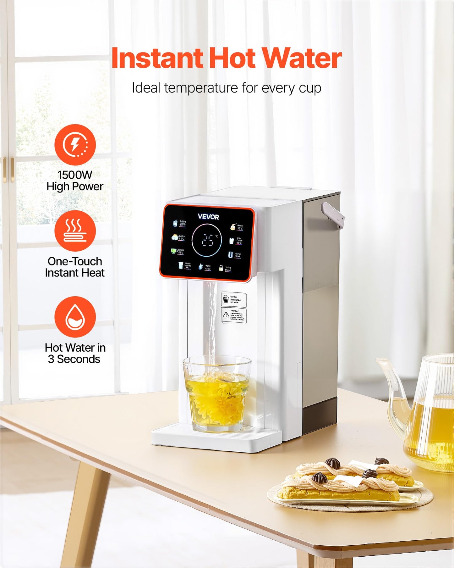 VEVOR Instant Hot Water Dispenser, Countertop Boiling Water Dispenser with Adjustable 6 Temperatures & 7 Water Volumes, 101oz Removable Water Tank, Quick Heating with Touchscreen & Child Lock for Home