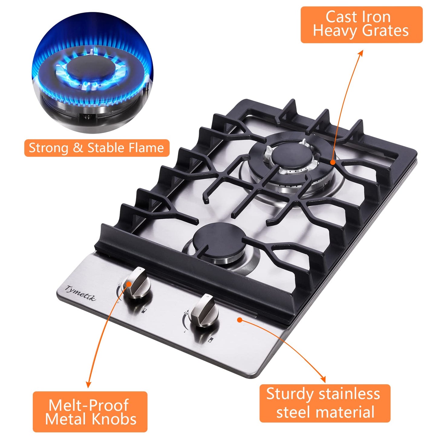 Gas Cooktop 12 Inch, 2 Burners Gas Stovetop Built-in Stainless Steel Gas Stove Dual Fuel LPG/NG Convertible Gas Hob for RVs, Apartments, Outdoor