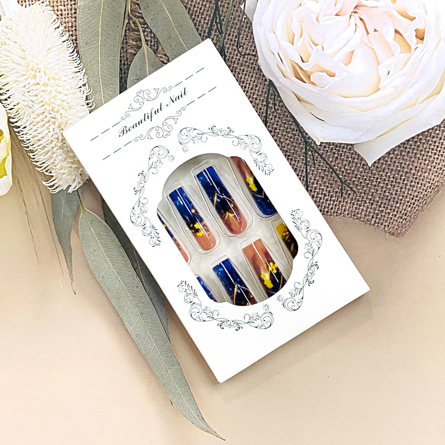 EYZOTSF Press on Nails Long Coffin Shaped Acrylic Square False Nails with Designs Artificial Extra Long Length Coffin Fake Nails with Charms Glue Stick ons Fingernails for Women Girls(Y485)