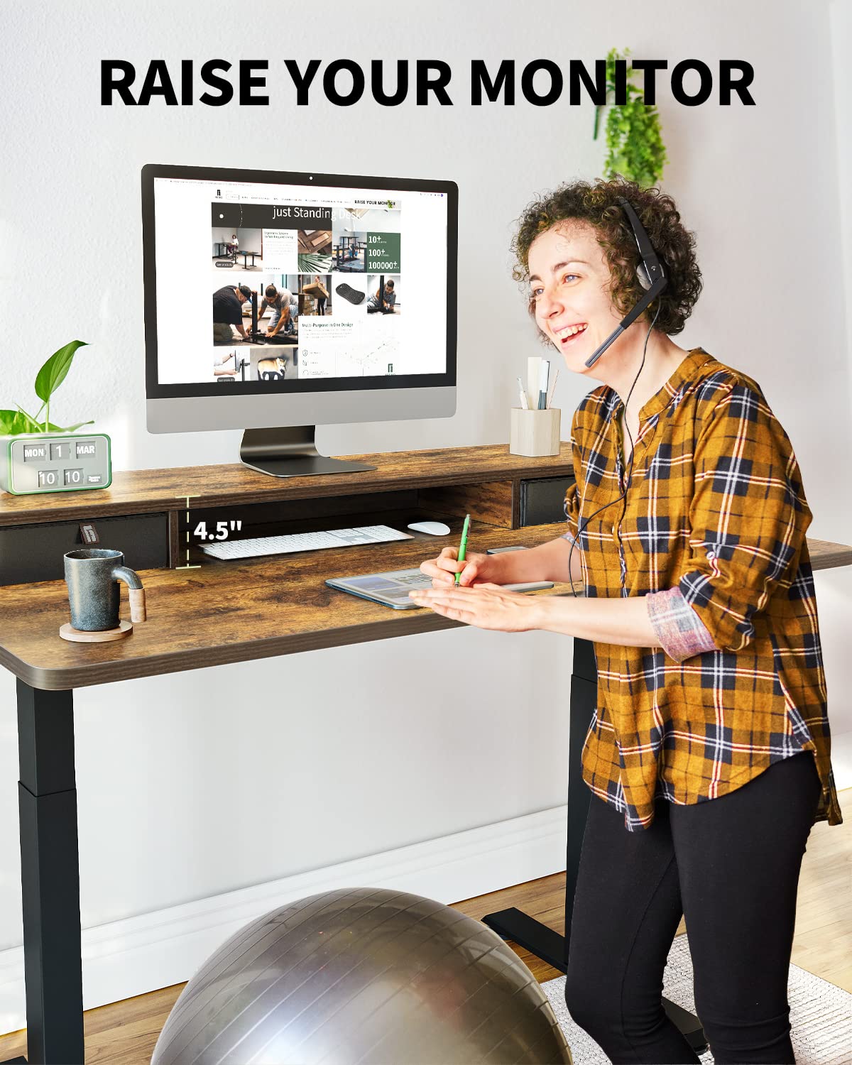 BANTI 55''x24''Standing Desk with Drawers, Adjustable Height Stand Up Desk with Storage Shelf, Sit Stand Home Office Desk with Splice Board, Black Frame/Rustic Brown Top