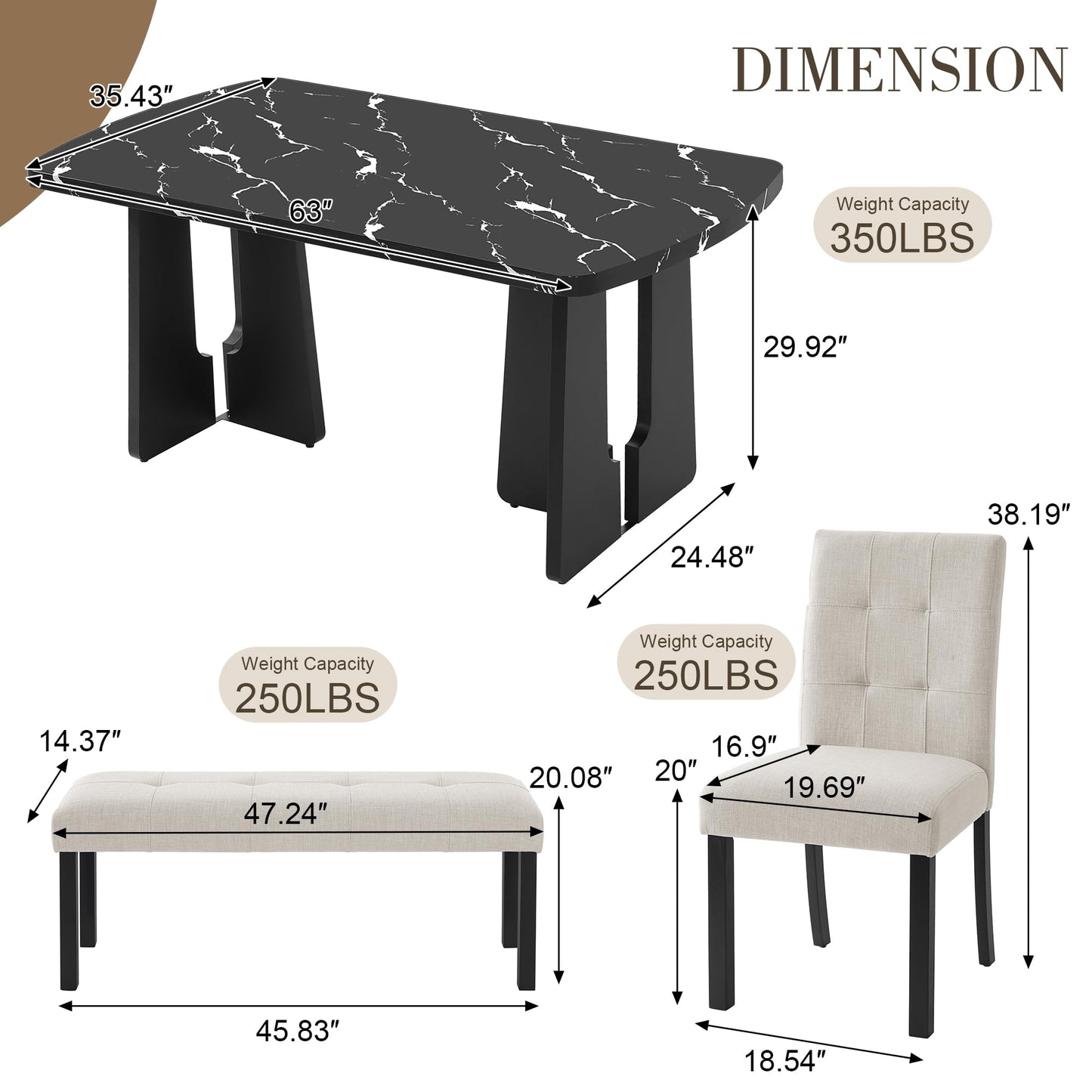 Merax 6-Piece Dining Table Set with Modern Faux Marble Oval Kitchen Tabletop, Four Upholstered Chairs and One Bench for Dining, Living Room, Kitchen, Easy Assembly, Black+Beige