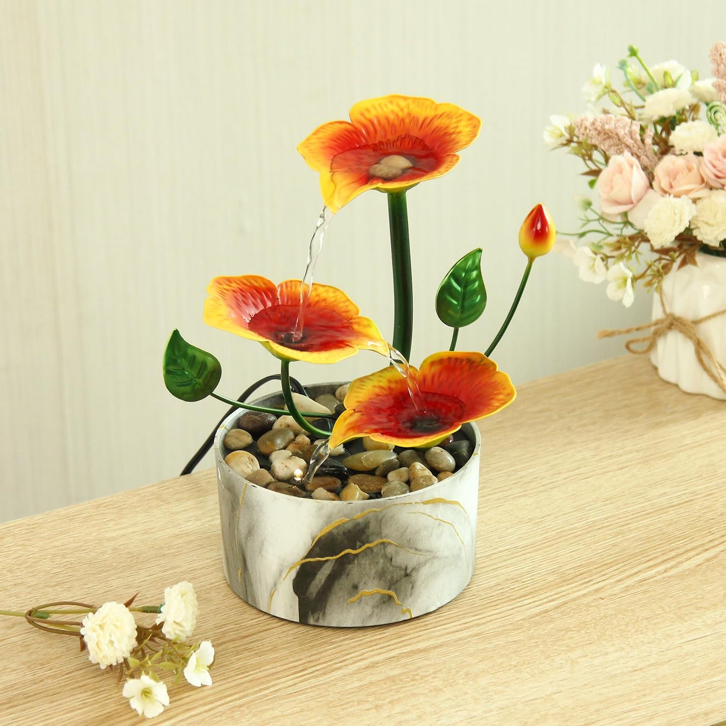 Tabletop Fountain Water Fountain Indoor Waterfall Fountain 3-Tier Desk Fountain Hibiscus Flower Themed Tabletop Fountains Indoor Home Decor for Meditation Relaxing(Hibiscus)
