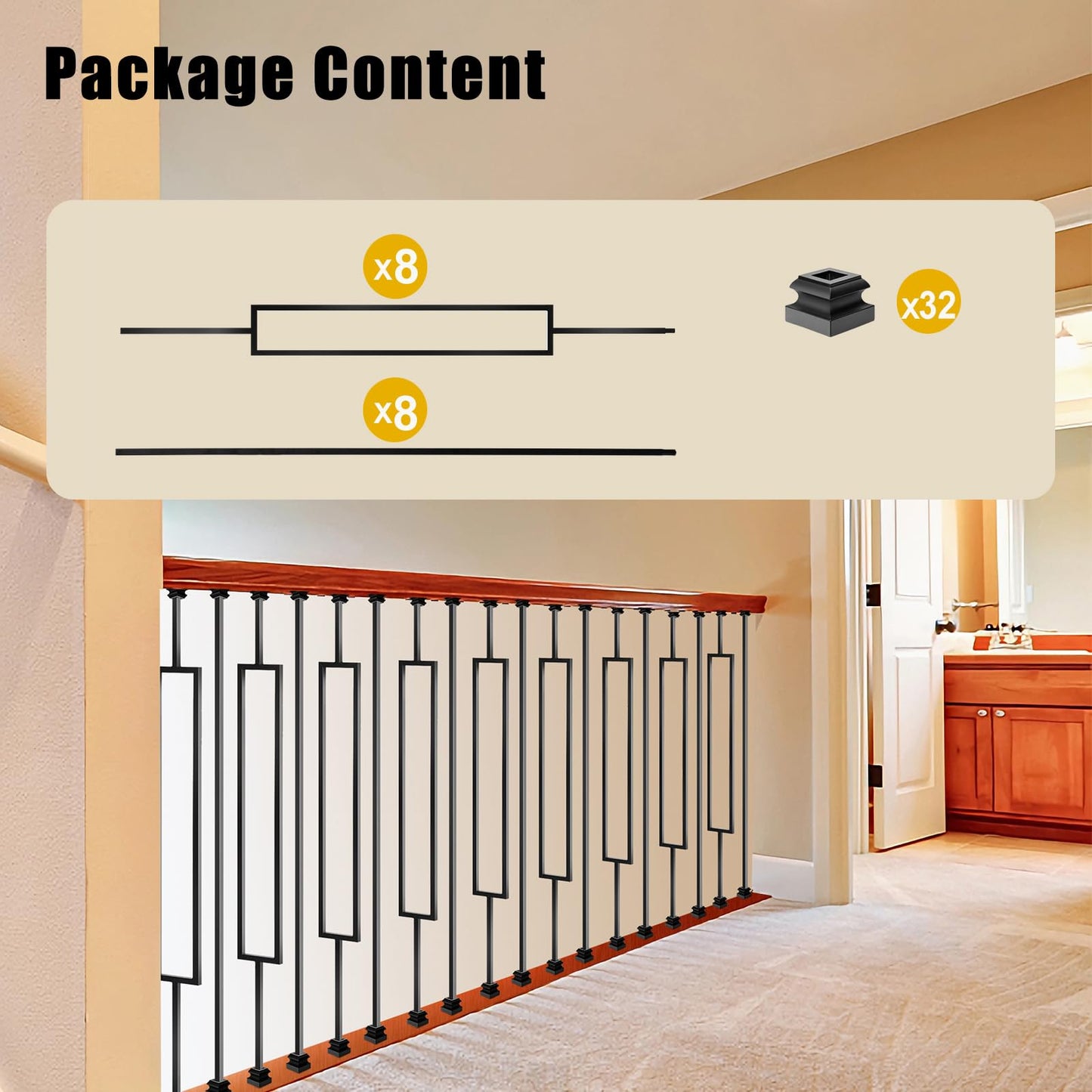 Vilstomes 16 Pack Rectangular Hollow Stair Spindles 44 Inches, 1/2" Iron Balusters for Staircase Interior With 32 Baluster Shoes