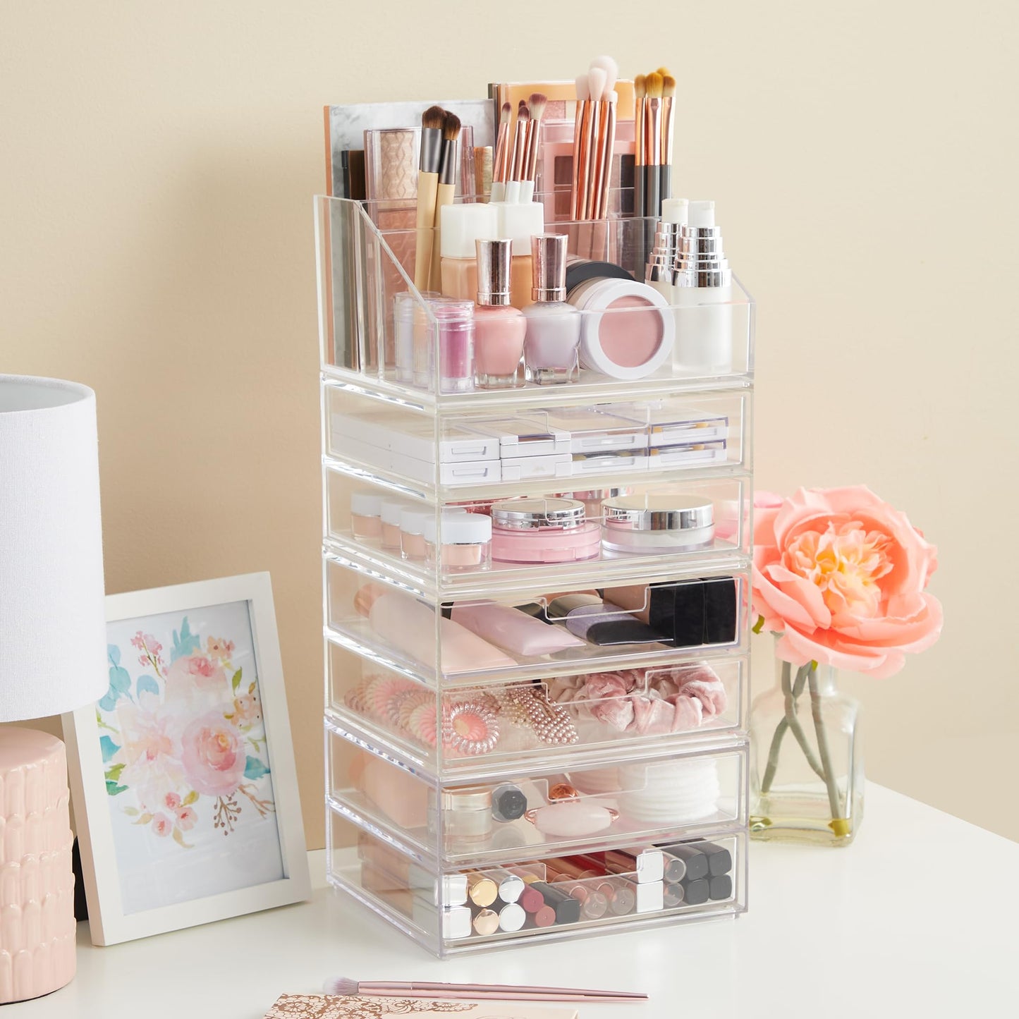 STORi Chloe Clear Plastic Stackable Desk Organizer, Rectangular 6-Compartment Office Supply Holder for Pens, Markers & Notepads, Made in USA
