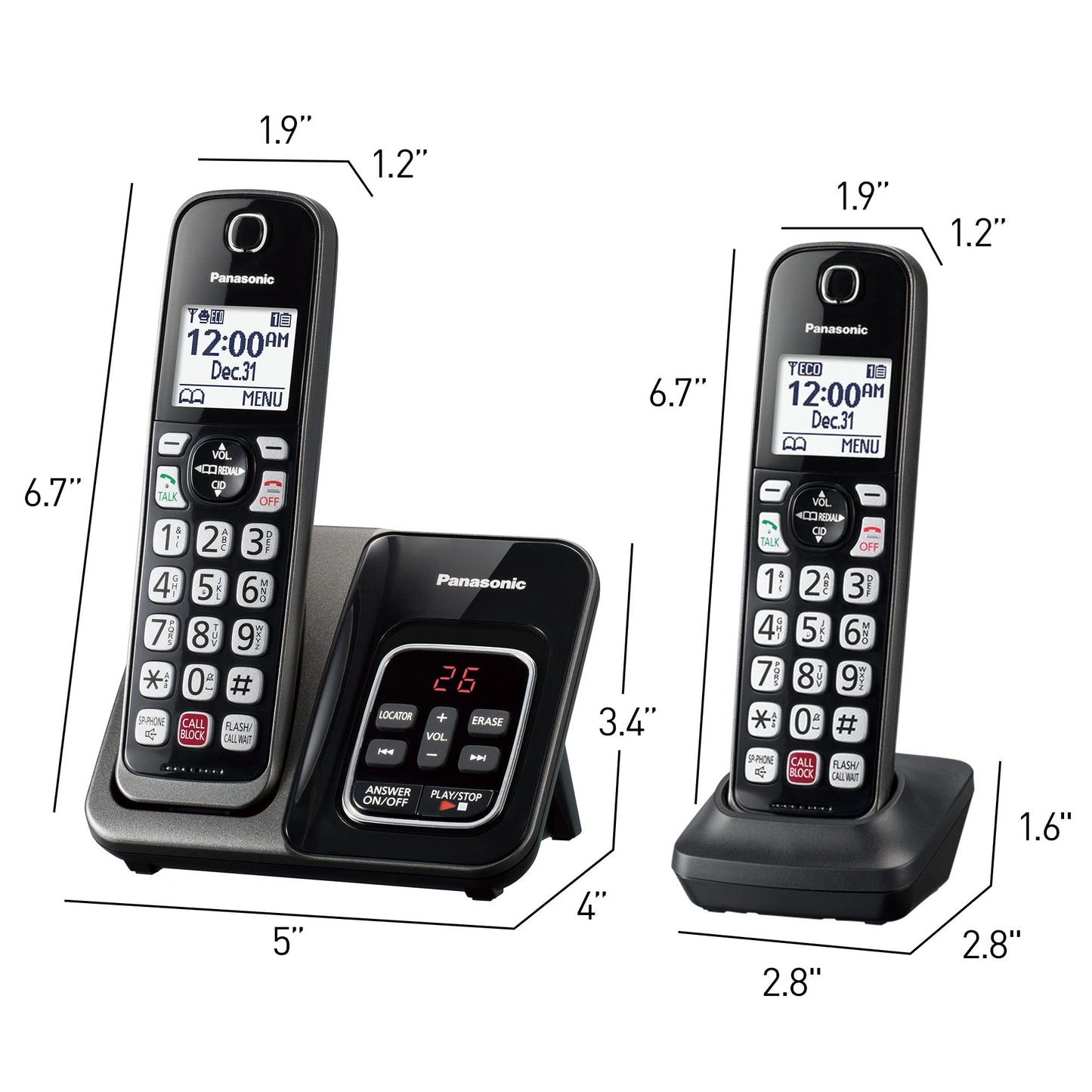 Panasonic Cordless Phone with Answering Machine, Advanced Call Block, Bilingual Caller ID and High-Contrast Display, Expandable System with 3 Handset Cordless Telephones - KX-TGD833M (Metallic Black)