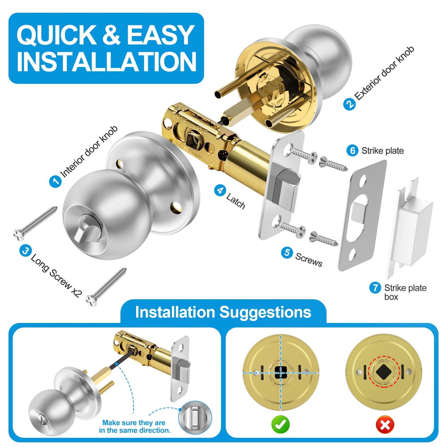 Plustool 5 Pack Privacy Door Knobs Interior, Satin Nickel Doorknob with Lock -ANSI Grade-3 Certified, Keyless Door Locks for Bedroom,Bathroom, Modern Heavy Duty Handle with Round Ball, Easy to Install