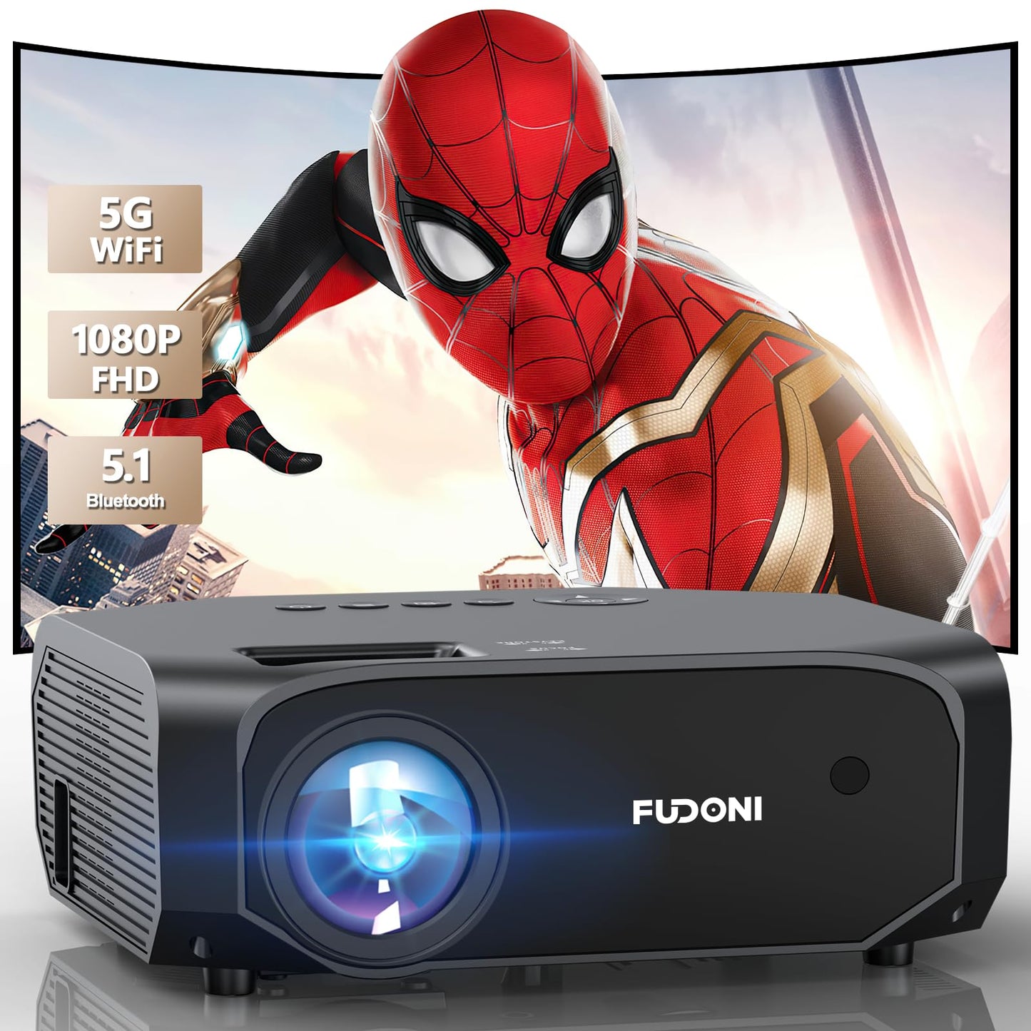 FUDONI Projector with WiFi and Bluetooth, Native 1080P Outdoor Movie Projectors 4k Supported, 15000L Portable Home Theater Projector Max 300", Indoor&Outdoor Use, Black