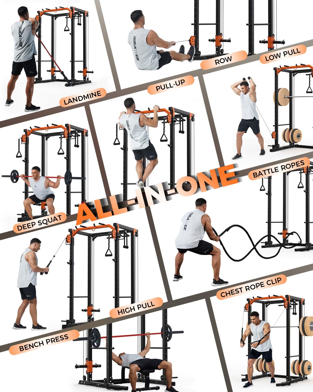 Garvee Power Cage, Power Rack with Cable Crossover System, 2000LBS Squat Rack with LAT Pull Down System, Workout Cage with Pulley System for Fitness Home Gym Strength Training, Orange & Black
