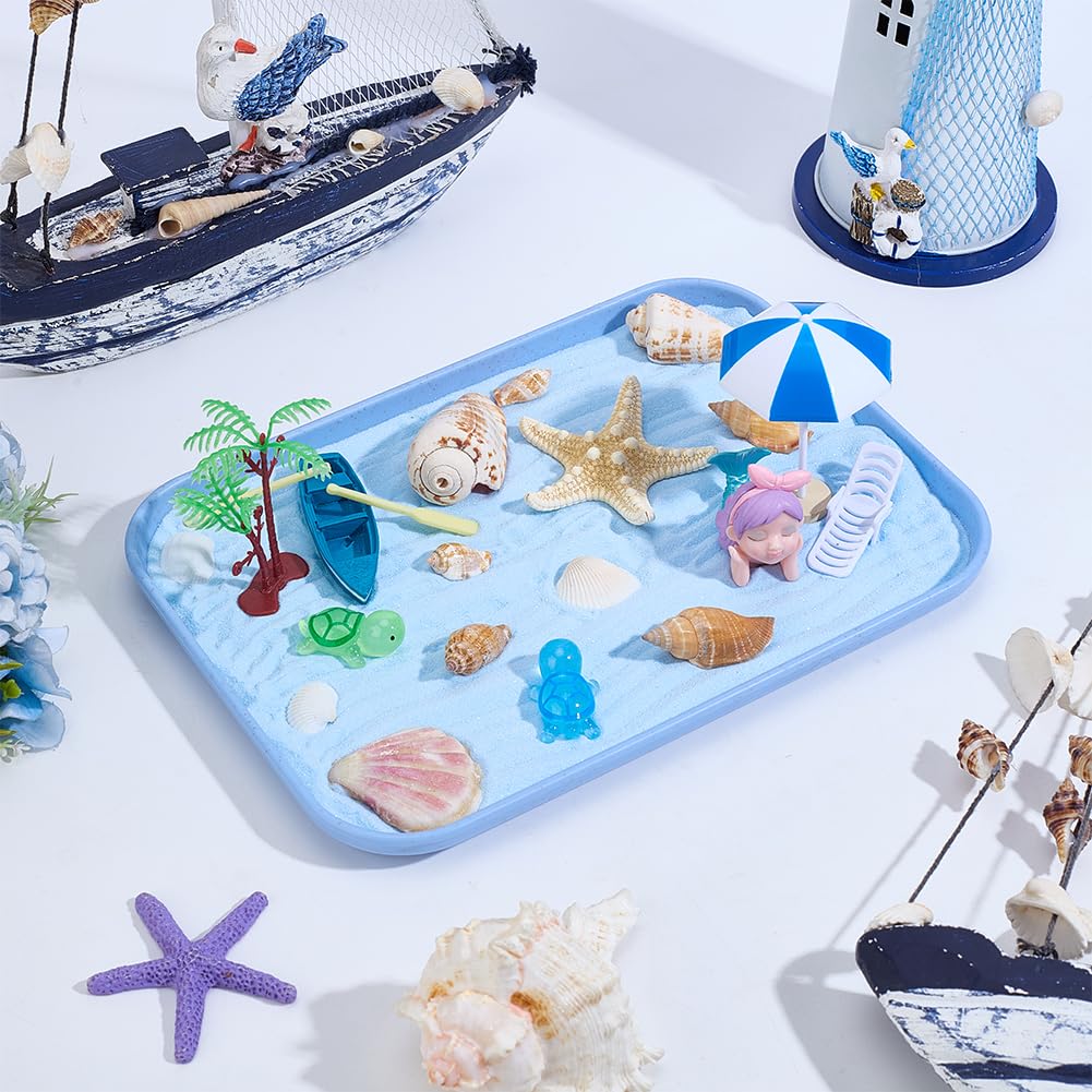 WEBEEDY Ocean Themed Desktop Zen Garden Kit Meditation Decor,Mini Japanese Sandbox Miniature Beach Zen Garden Sand Tray with Shells Starfish Conch Mermaid Ornaments Therapy Office Decor,9.4x6.8inch