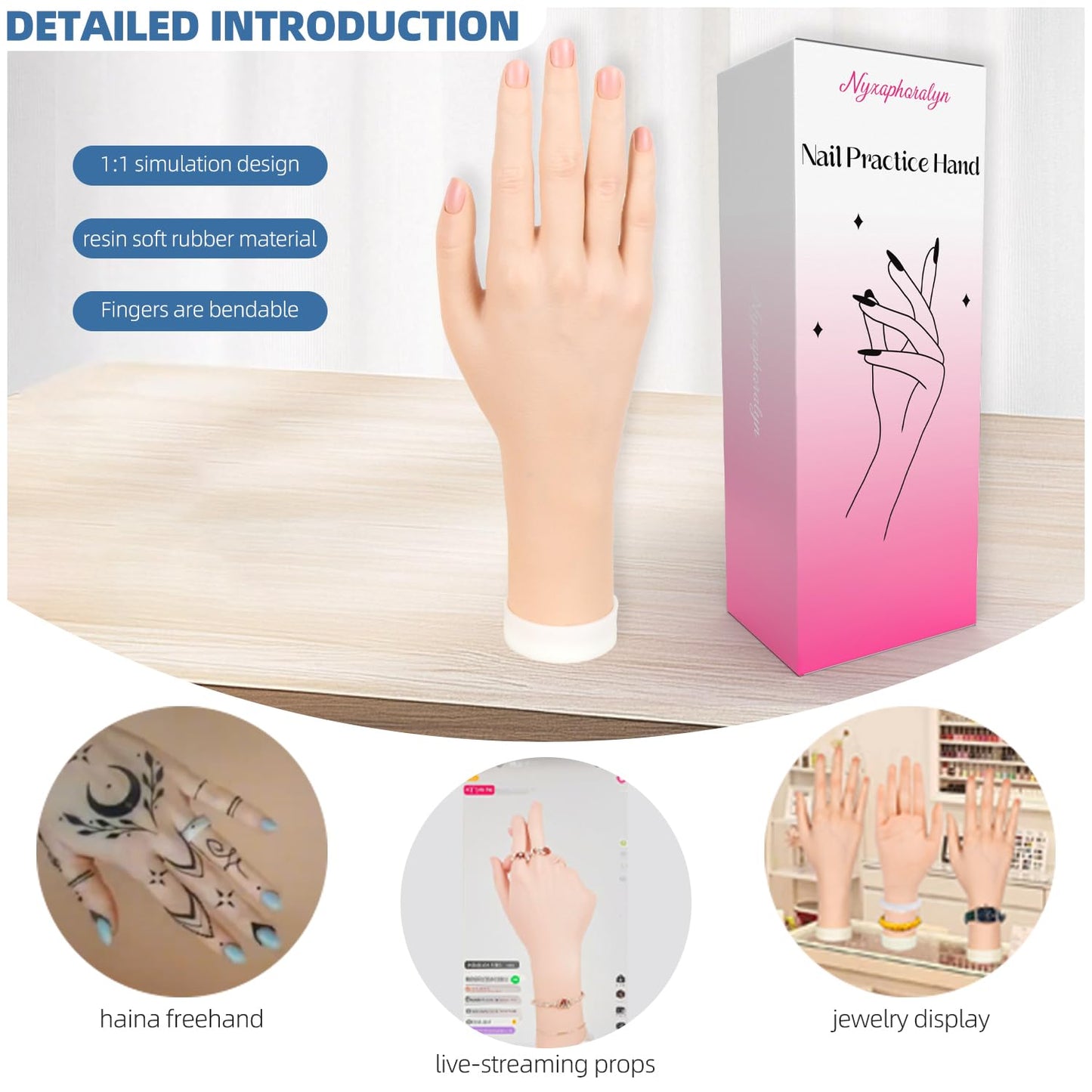 Practice Hand for Acrylic Nails, Flexible Bendable Fake Hand with Adjustable Stand, Nail Training Kit Mannequin Hand for Beginners & Nail Artists (Clamp Stand)