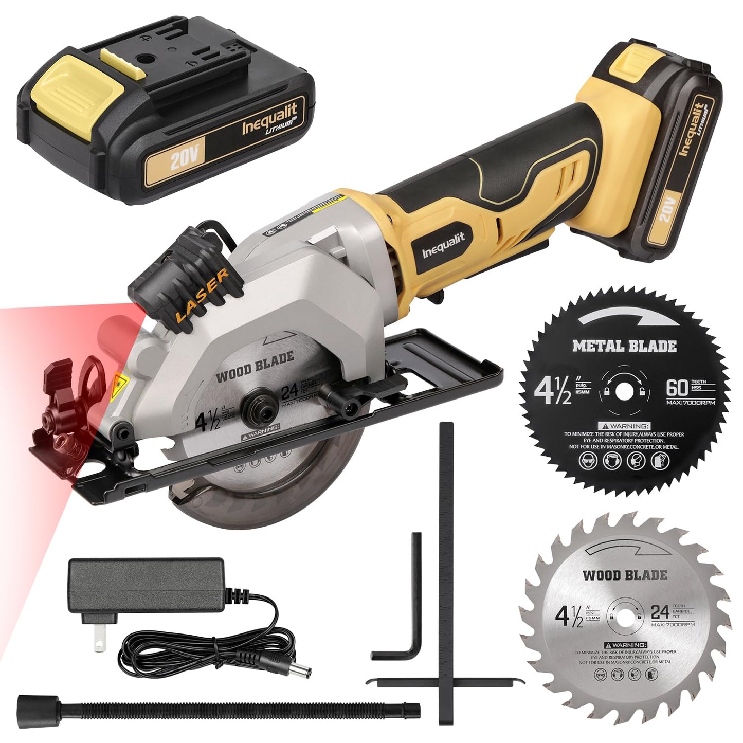 Inequalit 4-1/2 Inch Mini Circular Saw, 3400 RPM Cordless Circular Saw with Laser Guide, Rip Guides, 2 Blades (24T Wood + 60T Metal), Max Cutting Depth 1-11/16" (90°), 1-1/8" (45°)"