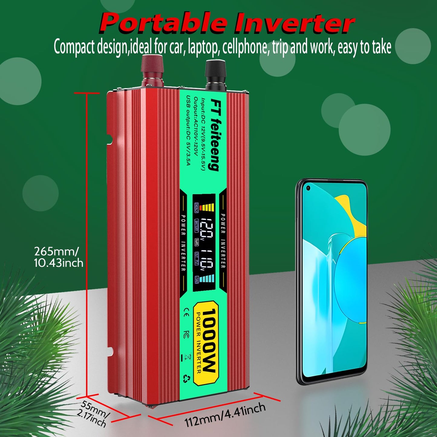 1000 Watt Power Inverter, Car Inverter 12V to 120V with 2 AC Outlets, 2 USB Ports, Cooling Fan, Cables and LED Screen for Vehicles, Home Use and Outdoor Camping