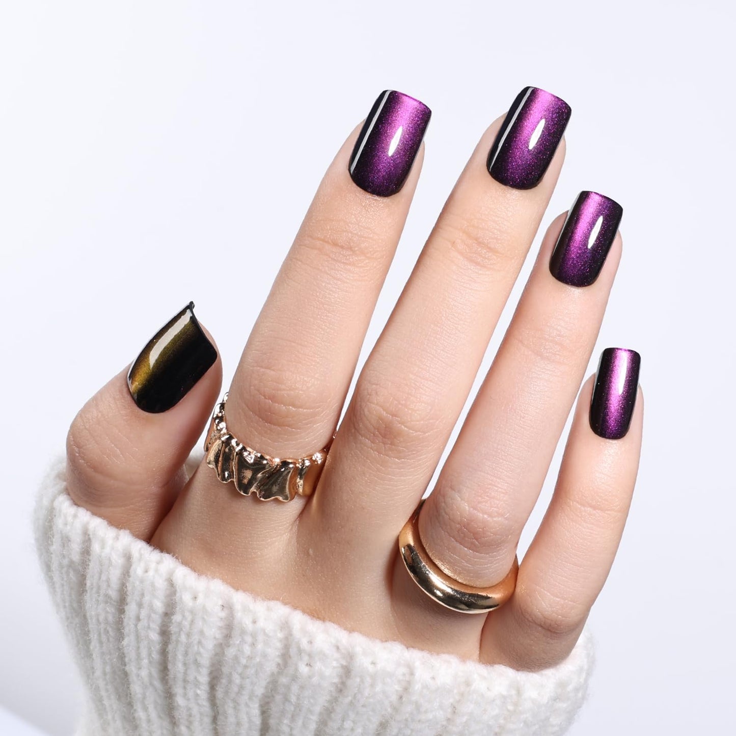 Purple Cat Eye Press On Nails - Short Square Purple Nails Press Ons for Women Fake Nails with Glue, Glossy Reusable Glue on Nail in 16 Sizes - 32pcs
