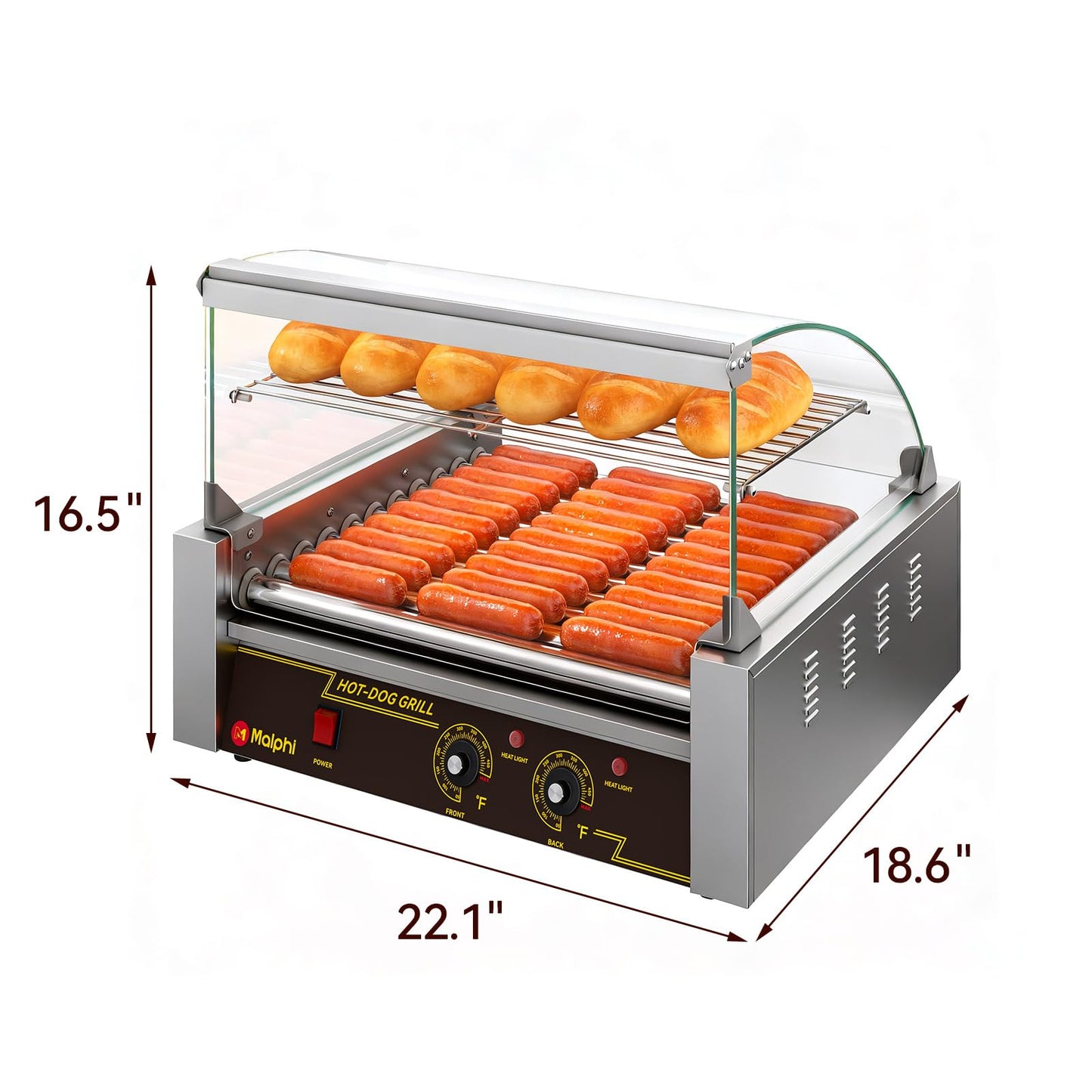 Malphi Hot Dog Roller Grill, 11 Roller with Dual Temperature Control, Stainless Steel Hot Dog Machine with Glass Cover & Bun Warmer, 1650W Commercial Hot Dog Cooker for 30 Hot Dogs.ETL Certified
