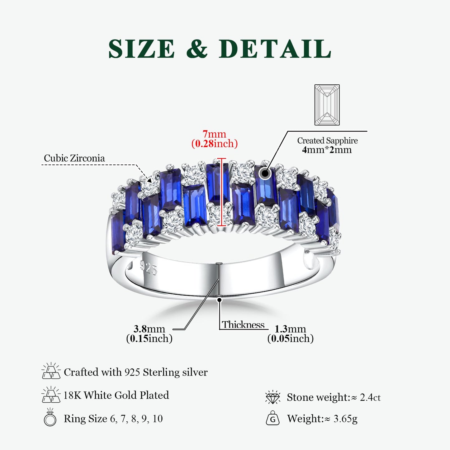 RANDES Sapphire Rings for Women Men Emerald Cut Eternity Band 925 Sterling Silver Band Blue Stone September Birthstone Ring Size 9